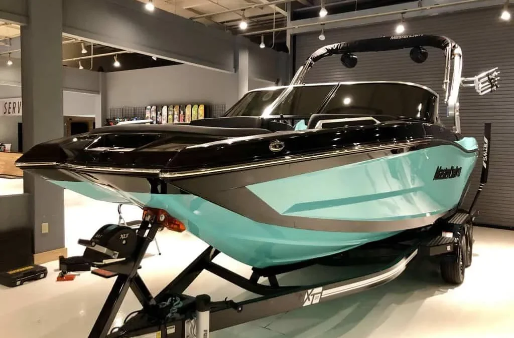 Boat with ceramic coating and trailer, Ventura boat maintenance and detailing.