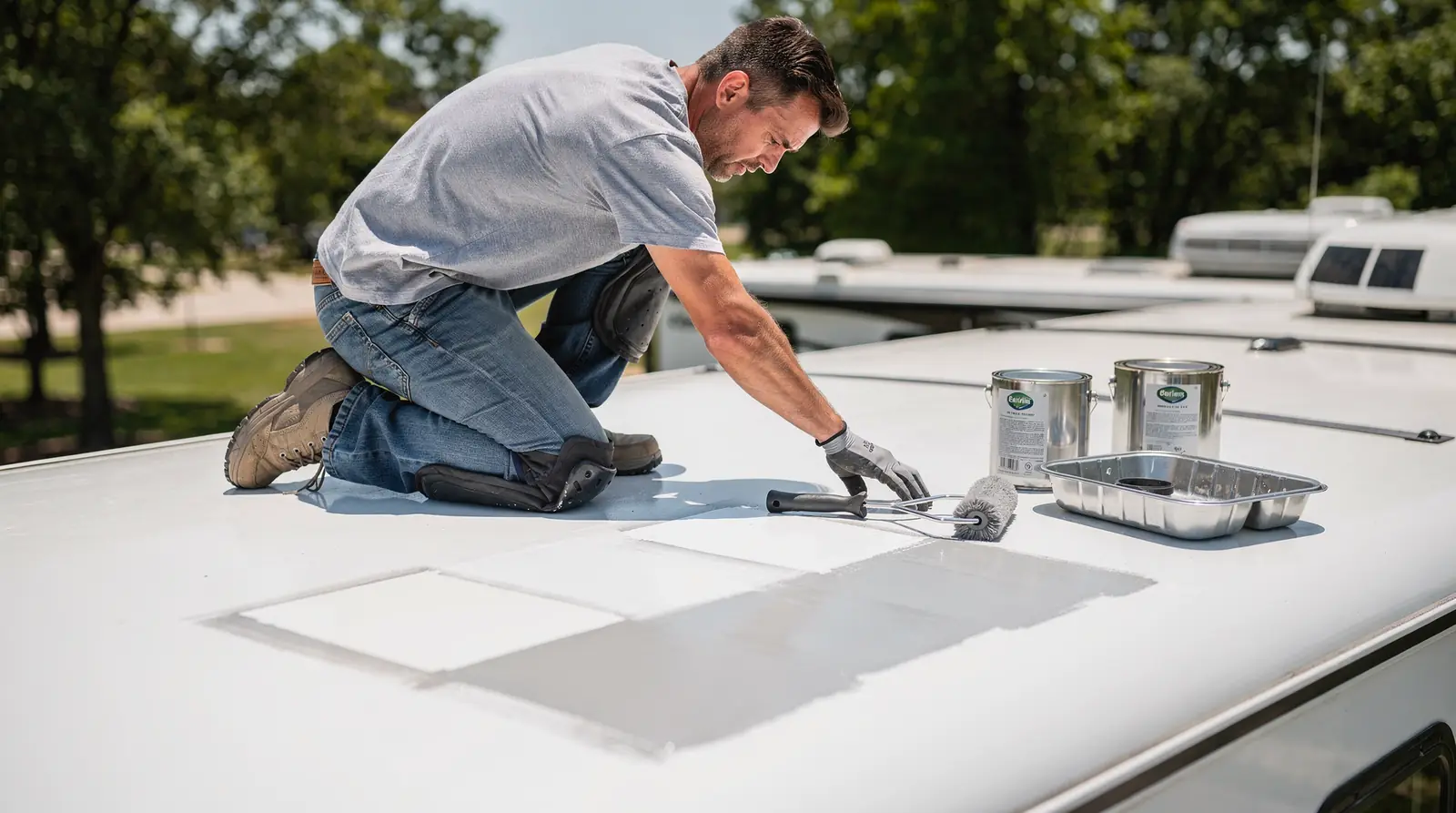 Professional applying sealant to an RV roof, demonstrating expert RV roof resealing services offered by