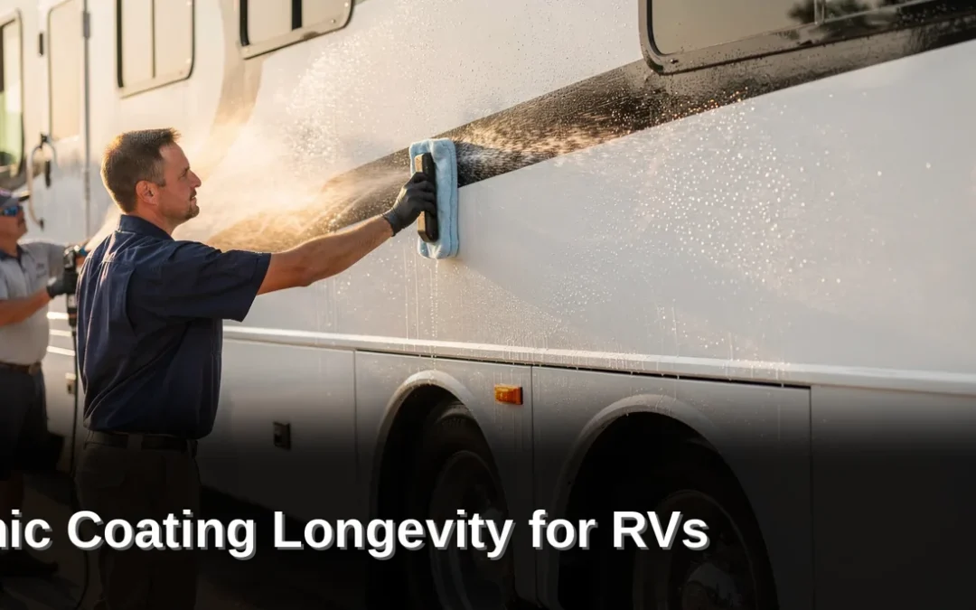 A hydrophobic barrier forms across the RV's exterior, blocking dirt, water, and road grime before