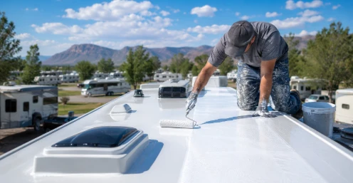 Professional RV roof coating service being applied to a motorhome roof by Final Details LLC